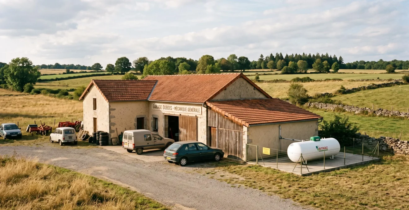 Petit établissement professionnel français en zone rurale avec citerne de gaz propane installée, illustrant les zones non desservies par le réseau de gaz naturel