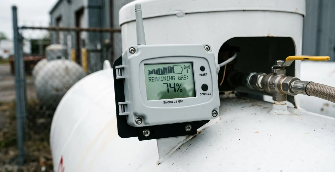 Jauge connectée numérique montée sur une citerne de gaz propane affichant le niveau de gaz restant