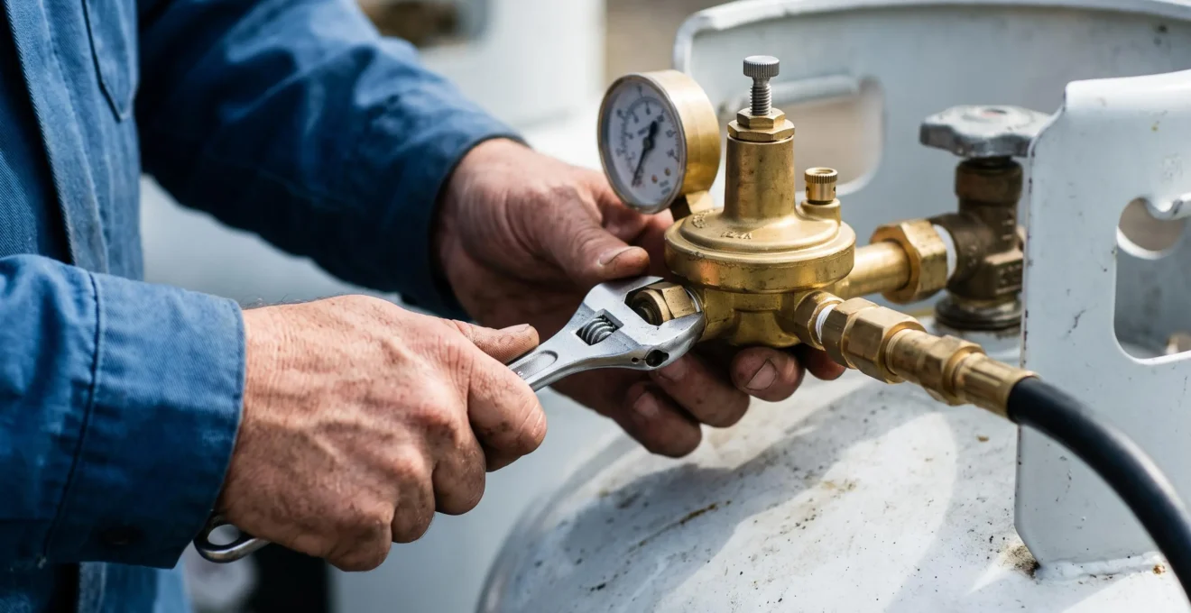 Mains d'un technicien professionnel installant un régulateur de pression en laiton sur un système de gaz propane avec une clé appropriée