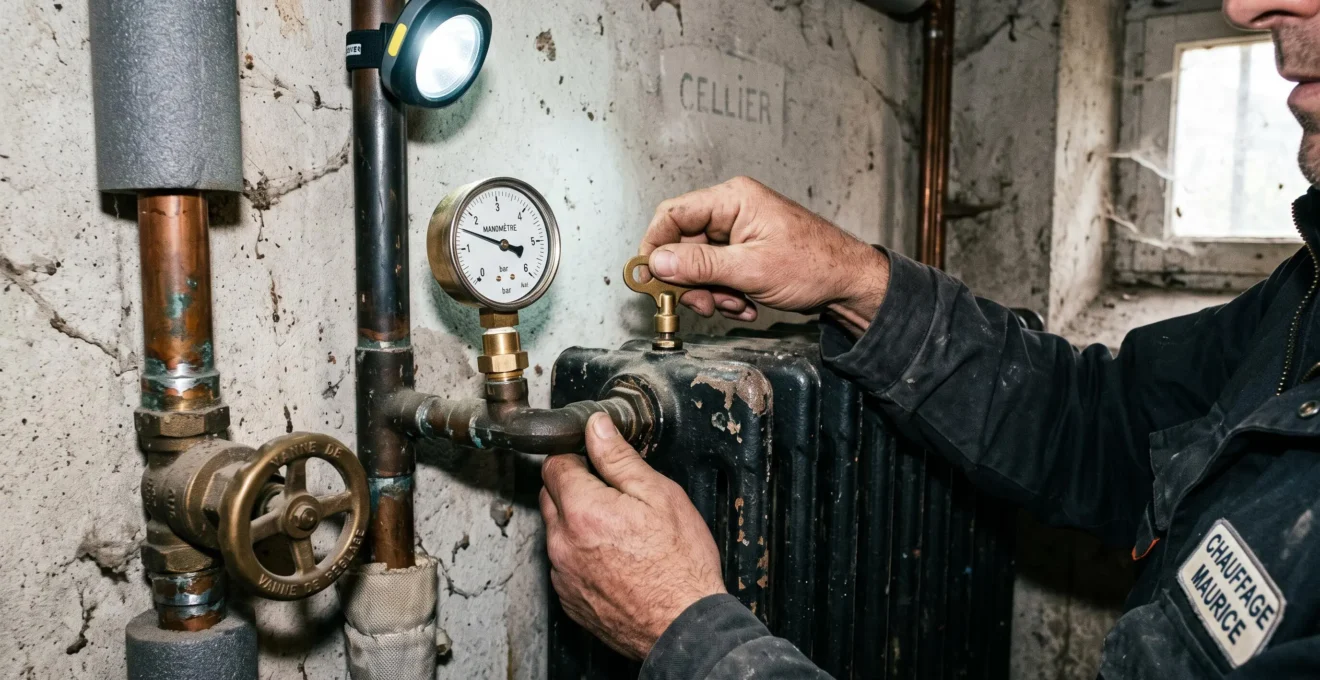 Un chauffagiste contrôle la pression du circuit hydraulique près des tuyauteries en cuivre.