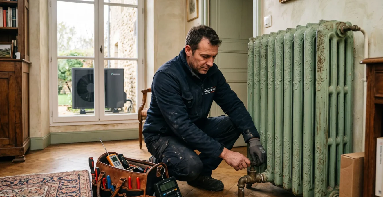 Un technicien inspecte un radiateur en fonte avant de raccorder une pompe à chaleur.