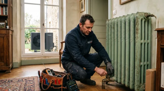 Un technicien inspecte un radiateur en fonte avant de raccorder une pompe à chaleur.